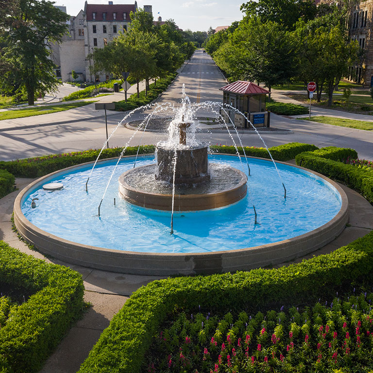 An aerial view of the Chi Omega Fountain in summer