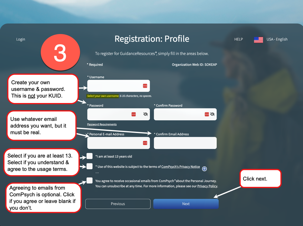 ComPsych registration profile screen showing fields for username, password, email address, required checkboxes, and the Next button.