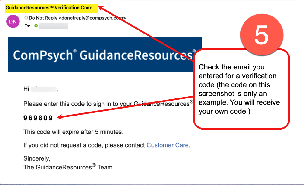 ComPsych verification screen showing fields to enter a numeric verification code and a Submit button.